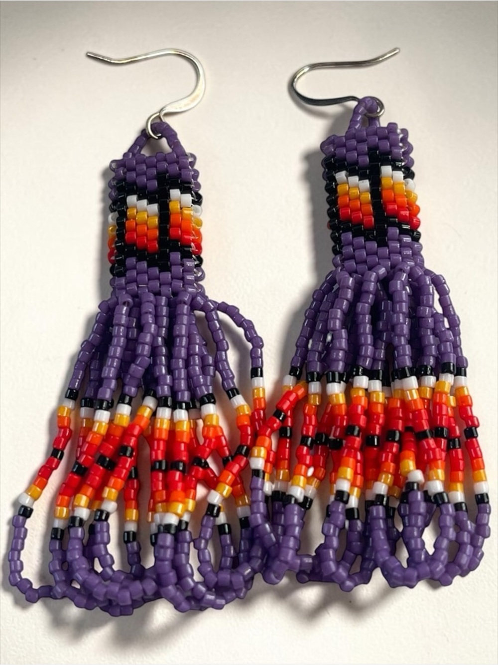 Southwestern Seed Bead Fringe Earrings Purple Orange Statement Dangles